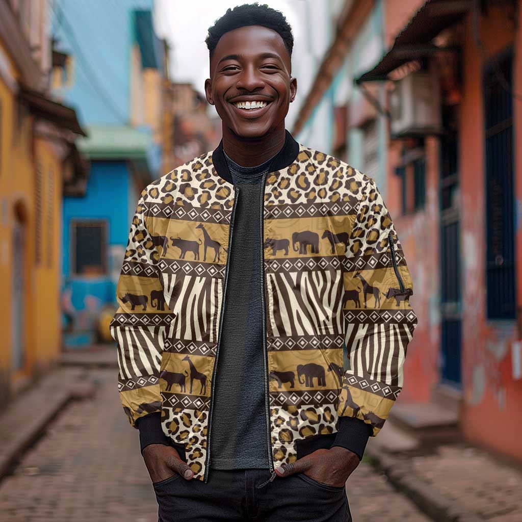 Leopards and Zebra Skins Sleeve Zip Bomber Jacket Mix African Pattern