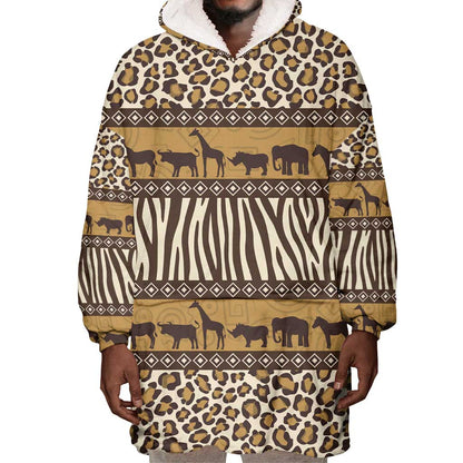 Leopards and Zebra Skins Wearable Blanket Hoodie Mix African Pattern