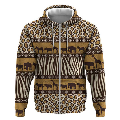 Leopards and Zebra Skins Zip Hoodie Mix African Pattern