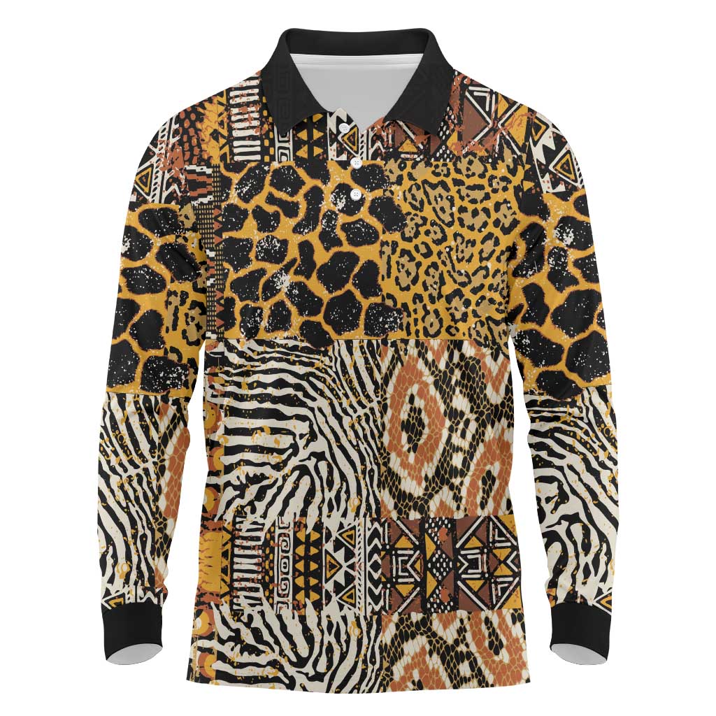 Wild Animal Skins Long Sleeve Polo Shirt African Tribal Pattern