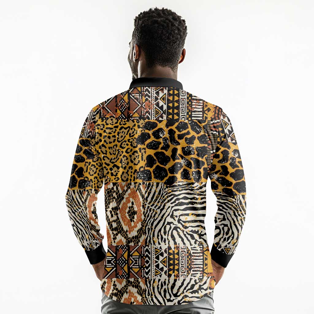 Wild Animal Skins Long Sleeve Polo Shirt African Tribal Pattern