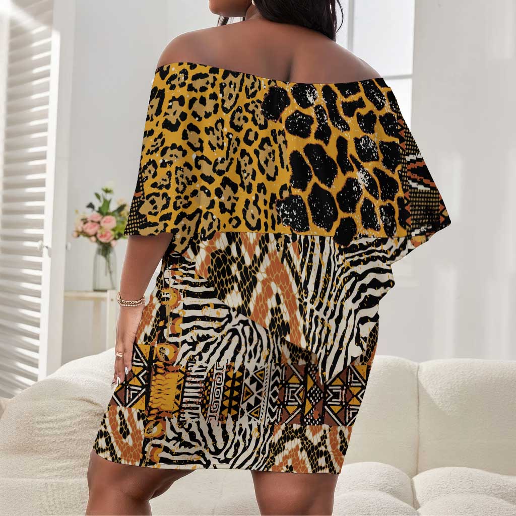 Wild Animal Skins Off Shoulder Short Dress African Tribal Pattern