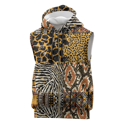 Wild Animal Skins Sleeveless Zip Hoodie African Tribal Pattern - African Pride