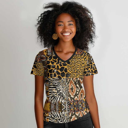 Wild Animal Skins Women V-Neck T-Shirt African Tribal Pattern