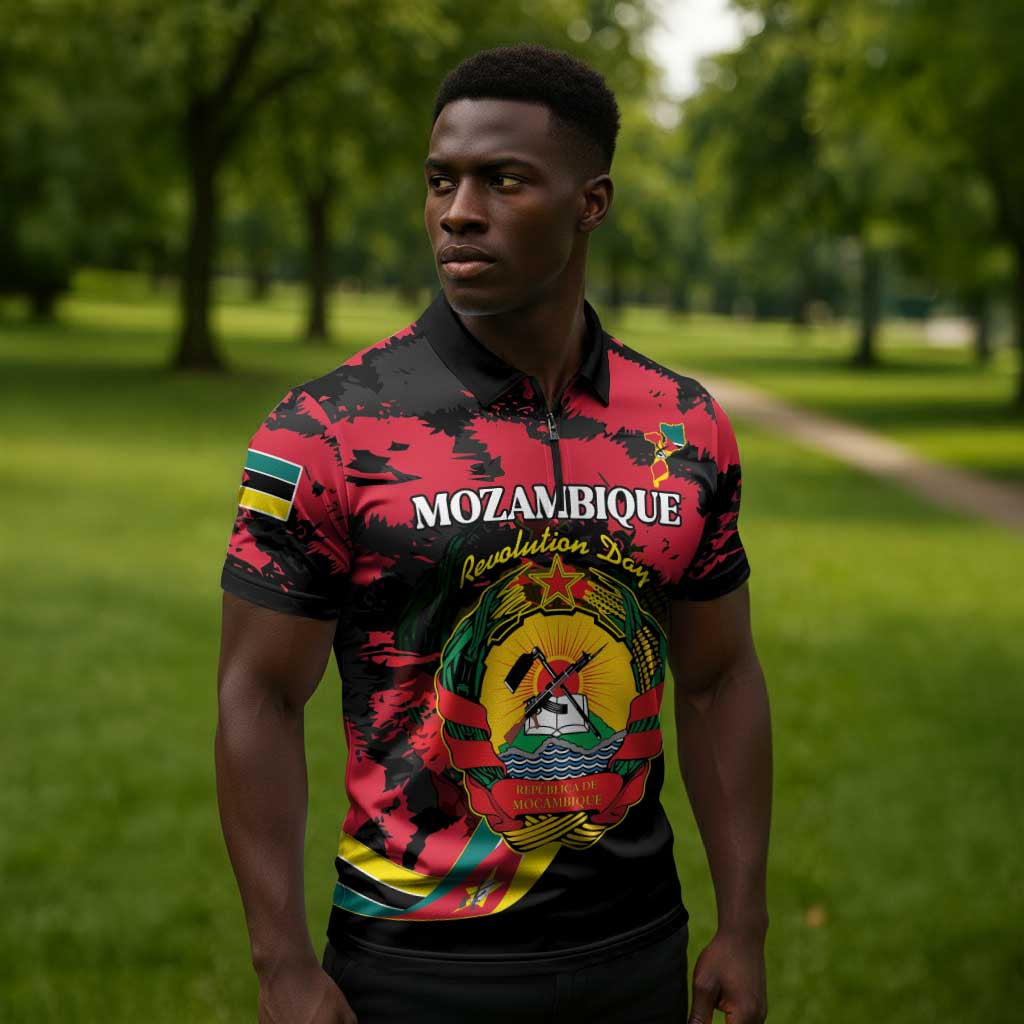 Personalized Mozambique Revolution Day Zipper Polo Shirt Coat Of Arms FRELIMO