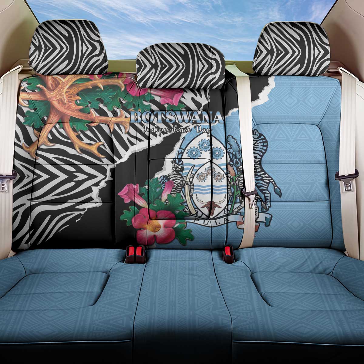 Botswana Independence Day Back Car Seat Cover Kalahari Devils Claw Zebra With Arican Pattern - African Pride