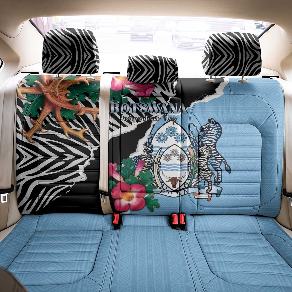 Botswana Independence Day Back Car Seat Cover Kalahari Devils Claw Zebra With Arican Pattern - African Pride