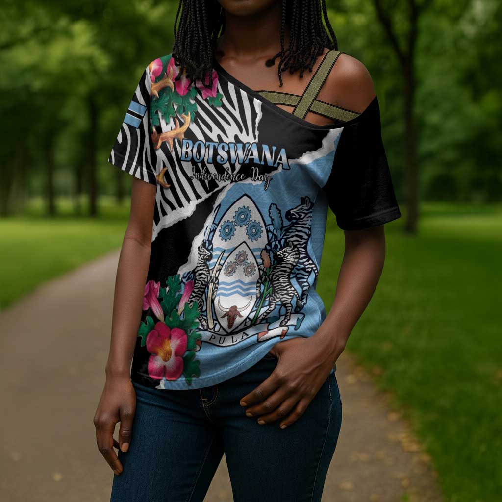 Personalized Botswana Independence Day Cross Shoulder Shirt Coat Of Arms Devils Claw