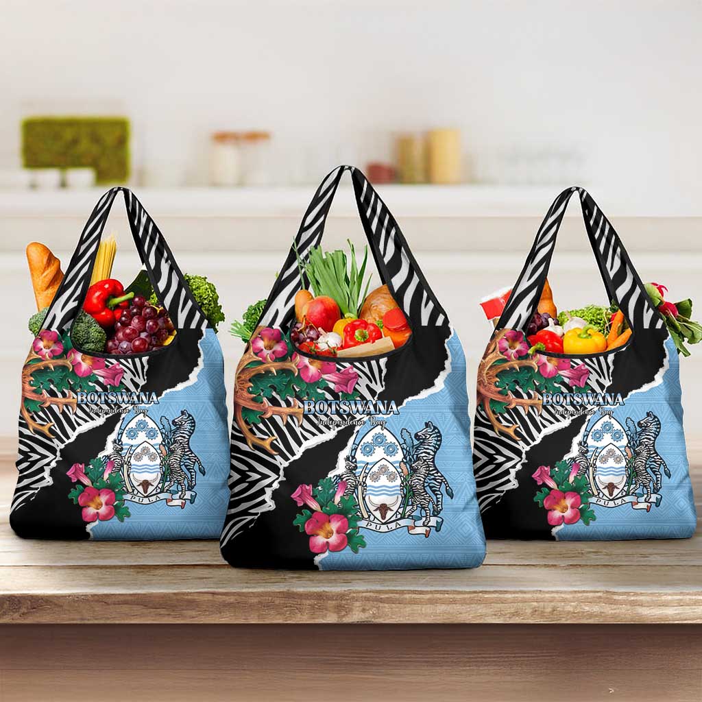 Botswana Independence Day Grocery Bag Kalahari Devils Claw Zebra With Arican Pattern - African Pride