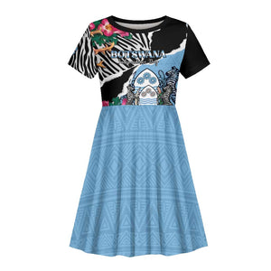 Personalized Botswana Independence Day Kid Short Sleeve Dress Kalahari Devils Claw Zebra With Arican Pattern - African Pride
