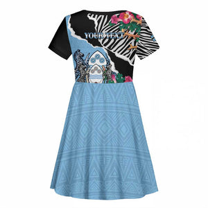 Personalized Botswana Independence Day Kid Short Sleeve Dress Kalahari Devils Claw Zebra With Arican Pattern - African Pride