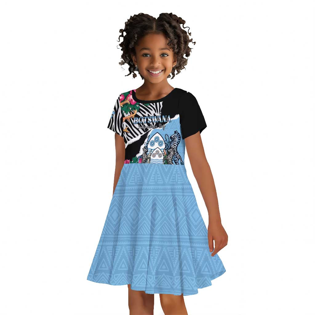 Personalized Botswana Independence Day Kid Short Sleeve Dress Kalahari Devils Claw Zebra With Arican Pattern - African Pride