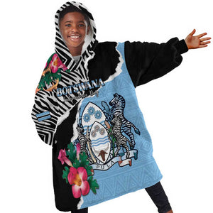Personalized Botswana Independence Day Kid Wearable Blanket Hoodie Kalahari Devils Claw Zebra With Arican Pattern - African Pride