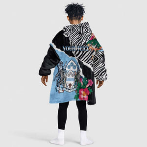 Personalized Botswana Independence Day Kid Wearable Blanket Hoodie Kalahari Devils Claw Zebra With Arican Pattern - African Pride
