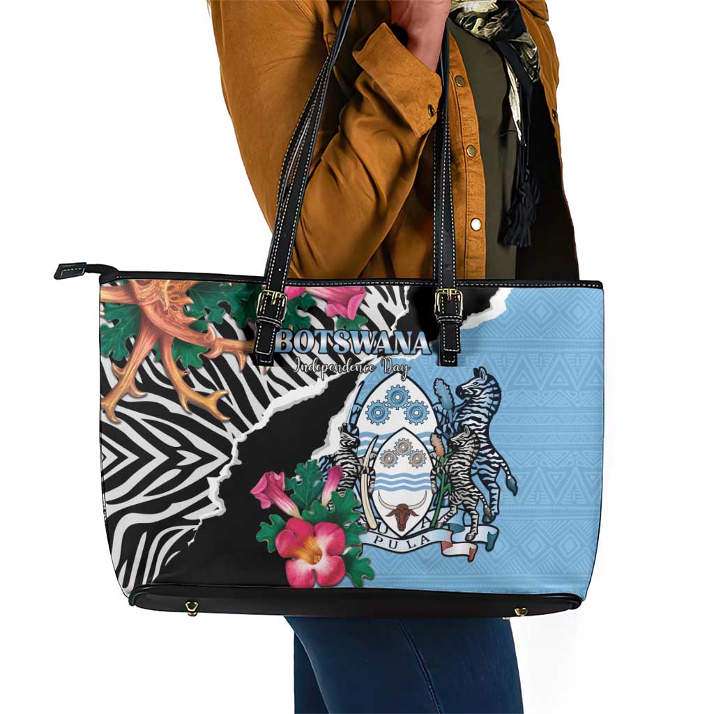 Botswana Independence Day Leather Tote Bag Kalahari Devils Claw Zebra With Arican Pattern - African Pride