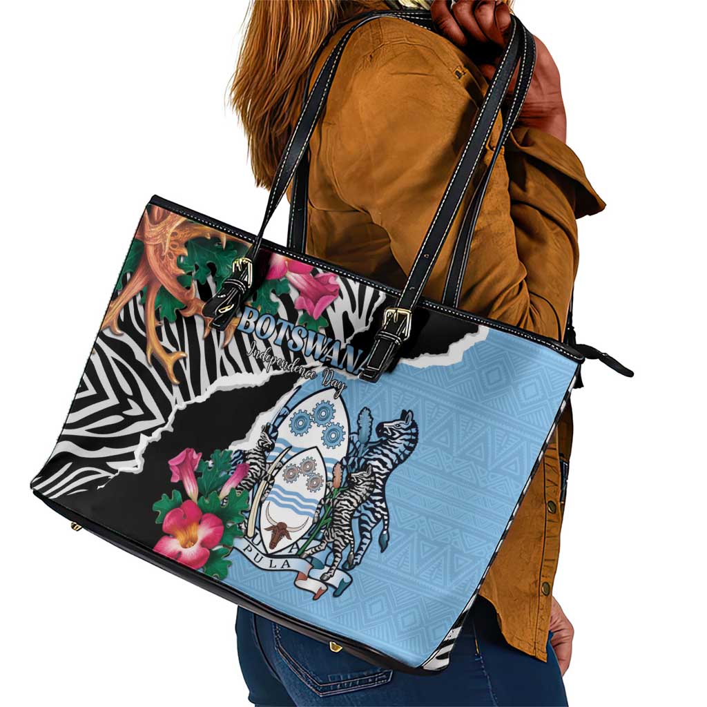 Botswana Independence Day Leather Tote Bag Kalahari Devils Claw Zebra With Arican Pattern - African Pride