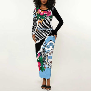 Personalized Botswana Independence Day Long Sleeve Bodycon Dress Kalahari Devils Claw Zebra With Arican Pattern - African Pride