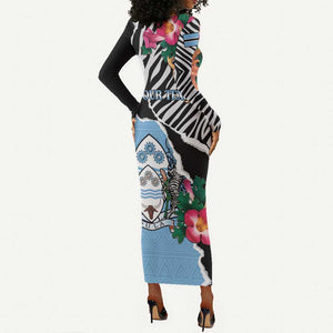 Personalized Botswana Independence Day Long Sleeve Bodycon Dress Kalahari Devils Claw Zebra With Arican Pattern - African Pride