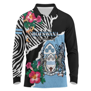 Personalized Botswana Independence Day Long Sleeve Polo Shirt Kalahari Devils Claw Zebra With Arican Pattern - African Pride