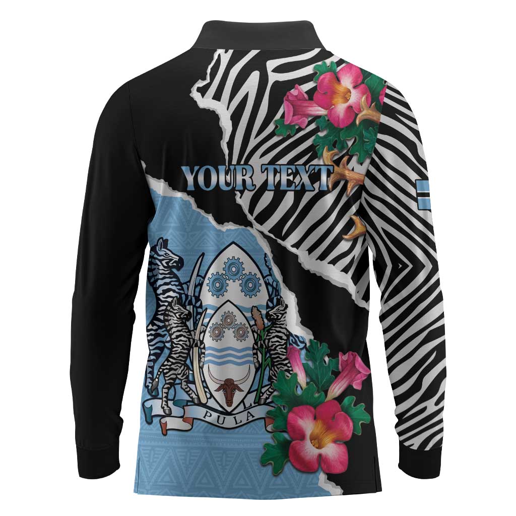 Personalized Botswana Independence Day Long Sleeve Polo Shirt Kalahari Devils Claw Zebra With Arican Pattern - African Pride