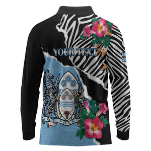 Personalized Botswana Independence Day Long Sleeve Polo Shirt Kalahari Devils Claw Zebra With Arican Pattern - African Pride