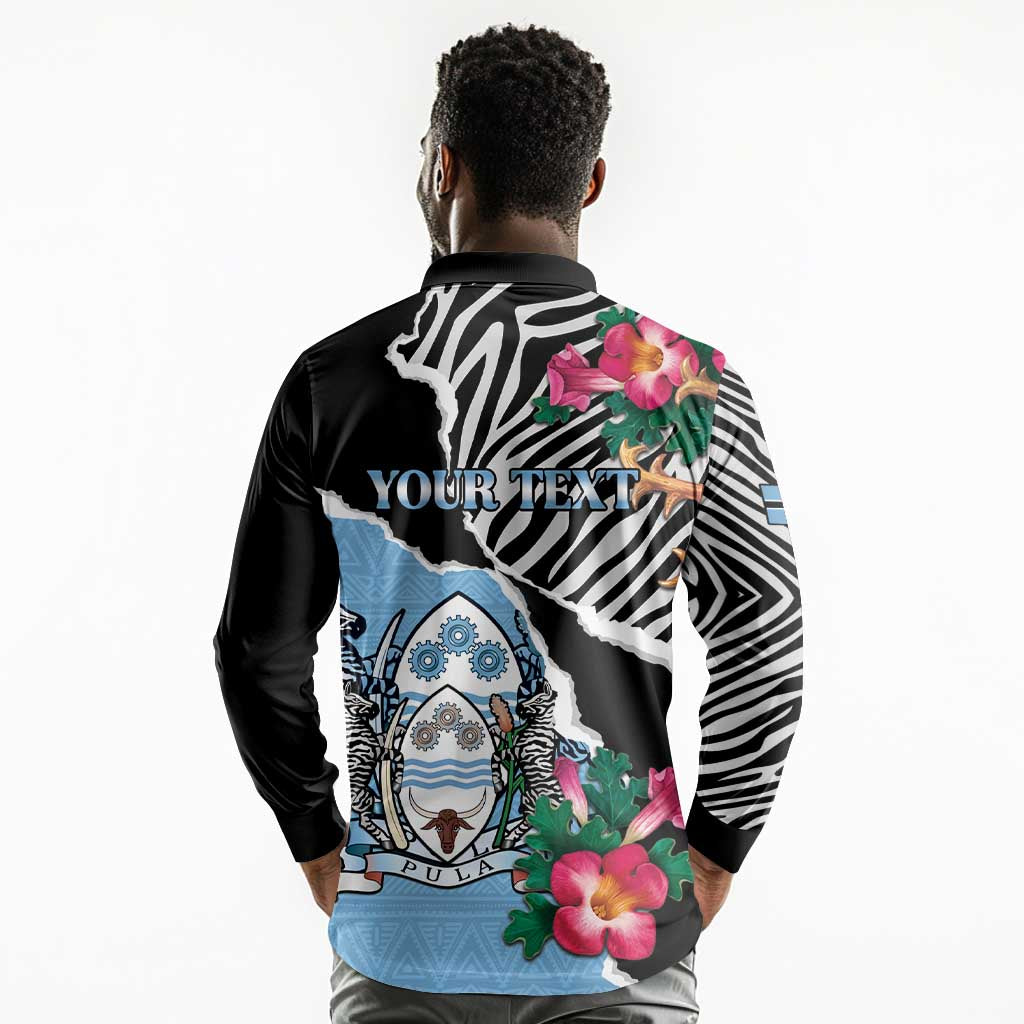 Personalized Botswana Independence Day Long Sleeve Polo Shirt Kalahari Devils Claw Zebra With Arican Pattern - African Pride