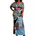 Personalized Botswana Independence Day Off Shoulder Maxi Dress Kalahari Devils Claw Zebra With Arican Pattern - African Pride