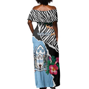 Personalized Botswana Independence Day Off Shoulder Maxi Dress Kalahari Devils Claw Zebra With Arican Pattern - African Pride