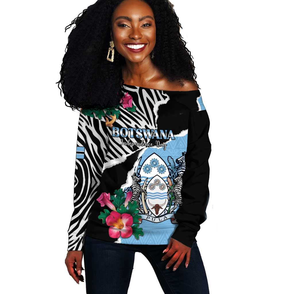 Personalized Botswana Independence Day Off Shoulder Sweater Kalahari Devils Claw Zebra With Arican Pattern - African Pride