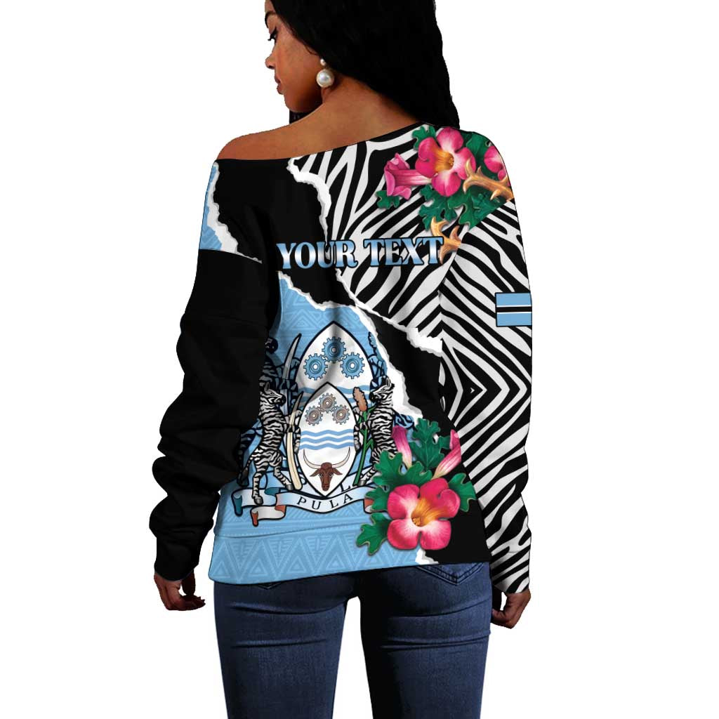 Personalized Botswana Independence Day Off Shoulder Sweater Kalahari Devils Claw Zebra With Arican Pattern - African Pride