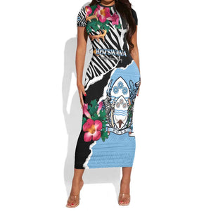 Personalized Botswana Independence Day Short Sleeve Bodycon Dress Kalahari Devils Claw Zebra With Arican Pattern - African Pride