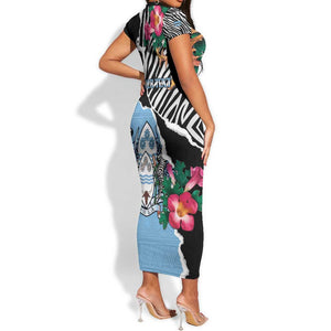 Personalized Botswana Independence Day Short Sleeve Bodycon Dress Kalahari Devils Claw Zebra With Arican Pattern - African Pride