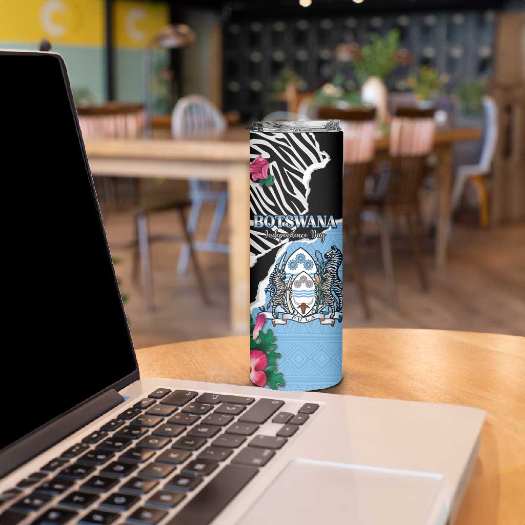 Personalized Botswana Independence Day Skinny Tumbler Kalahari Devils Claw Zebra With Arican Pattern - African Pride