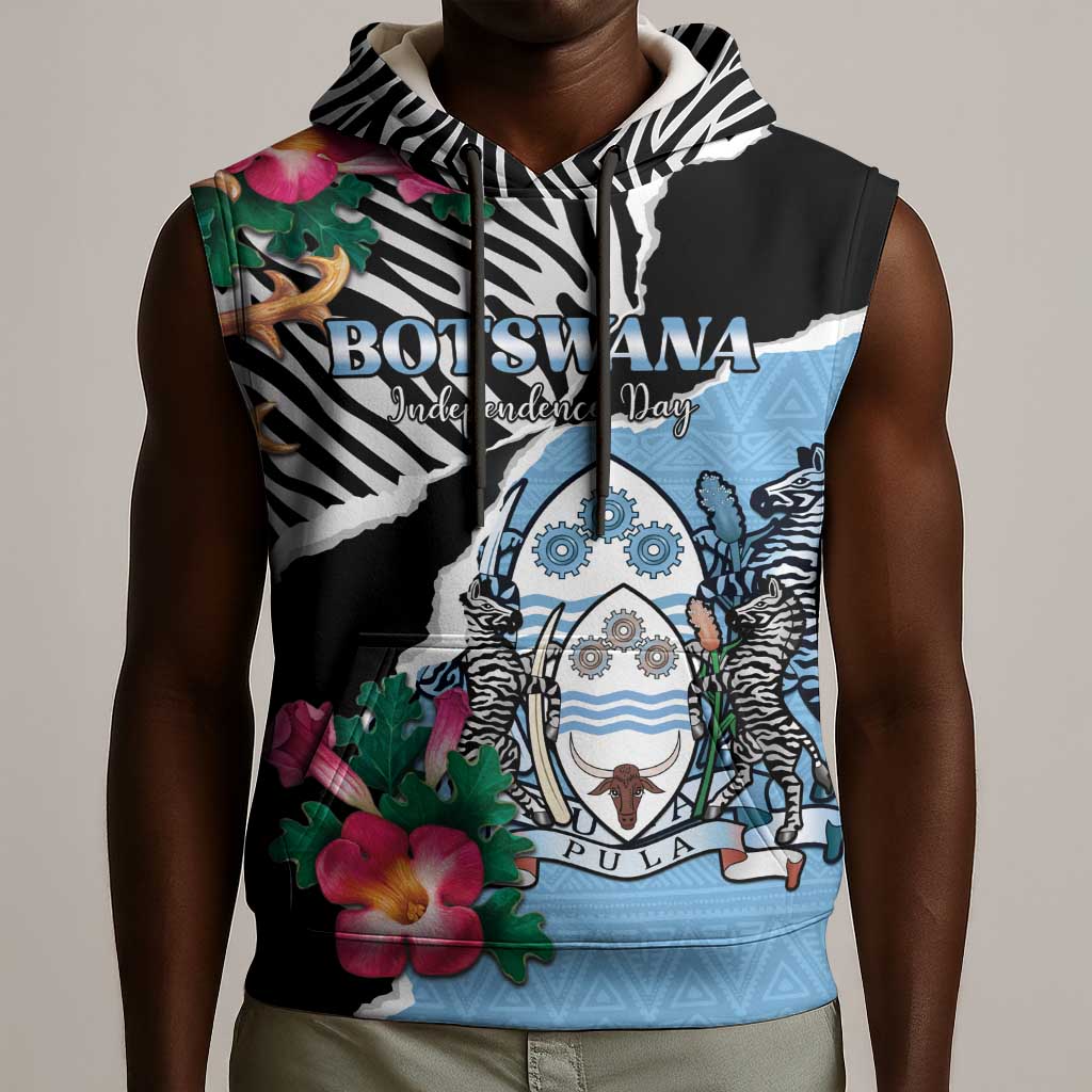 Personalized Botswana Independence Day Sleeveless Hoodie Kalahari Devils Claw Zebra With Arican Pattern - African Pride