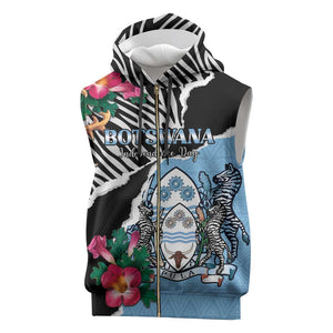 Personalized Botswana Independence Day Sleeveless Zip Hoodie Kalahari Devils Claw Zebra With Arican Pattern - African Pride
