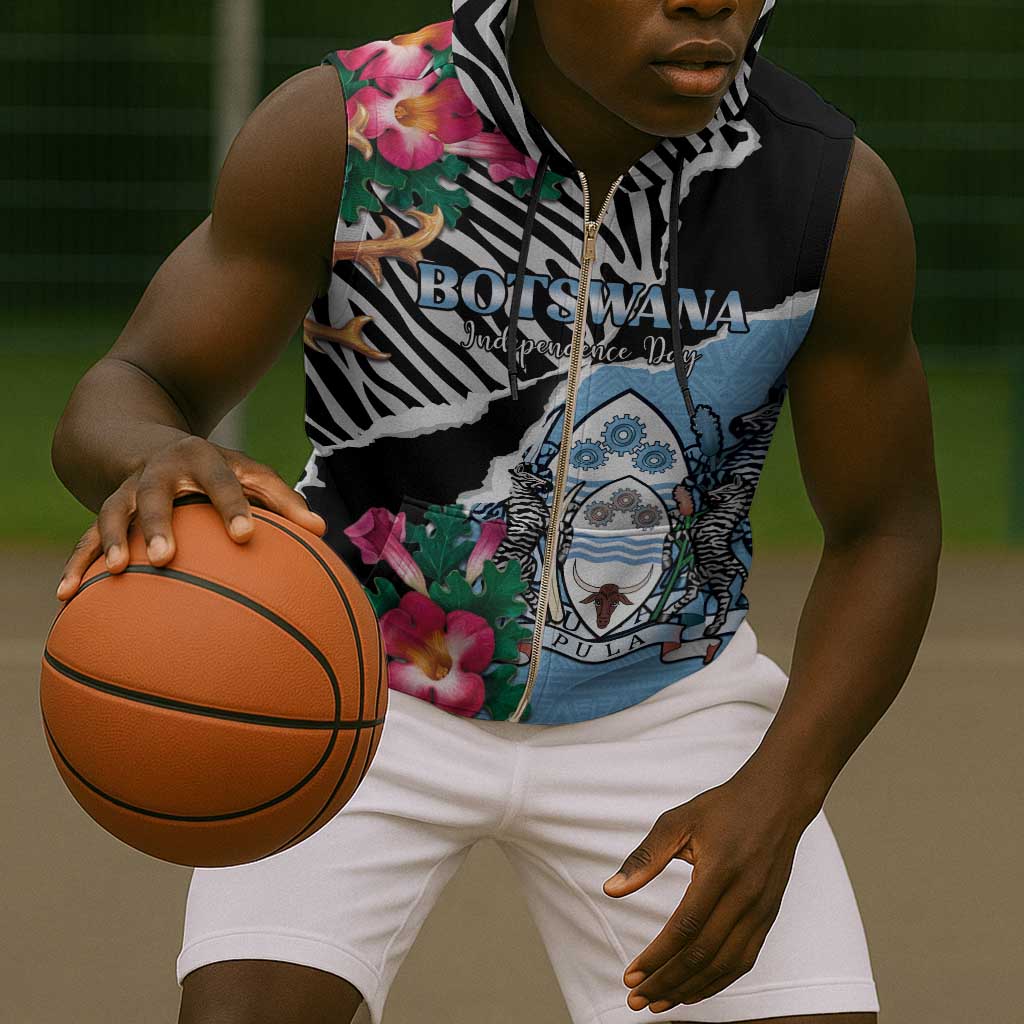 Personalized Botswana Independence Day Sleeveless Zip Hoodie Kalahari Devils Claw Zebra With Arican Pattern - African Pride