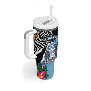 Personalized Botswana Independence Day Tumbler With Handle Kalahari Devils Claw Zebra With Arican Pattern - African Pride
