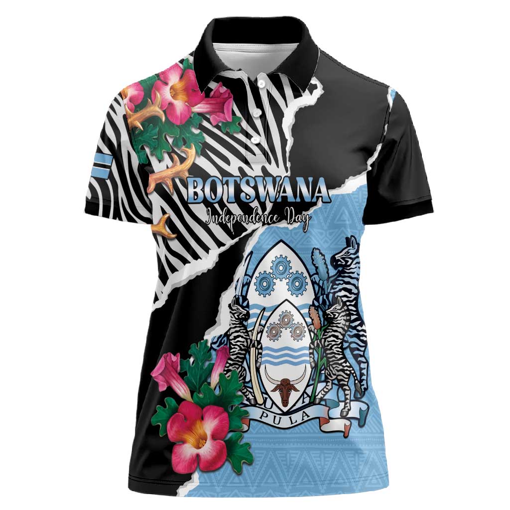 Personalized Botswana Independence Day Women Polo Shirt Kalahari Devils Claw Zebra With Arican Pattern - African Pride