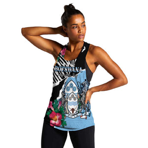 Personalized Botswana Independence Day Women Racerback Tank Kalahari Devils Claw Zebra With Arican Pattern - African Pride