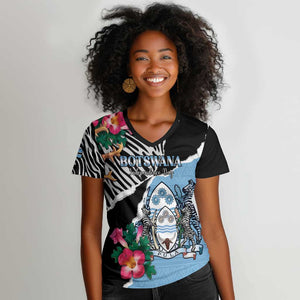 Personalized Botswana Independence Day Women V-Neck T-Shirt Kalahari Devils Claw Zebra With Arican Pattern - African Pride
