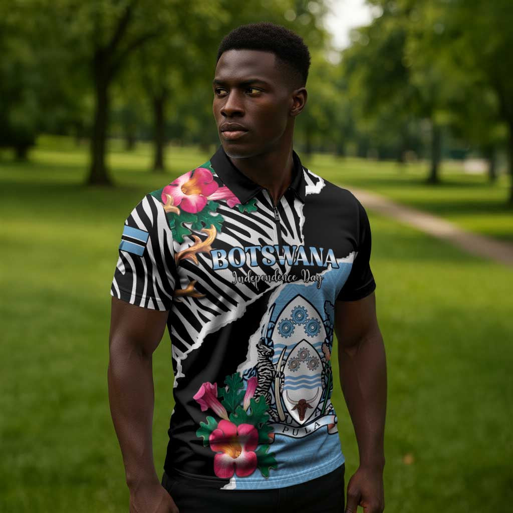 Personalized Botswana Independence Day Zipper Polo Shirt Coat Of Arms Devils Claw