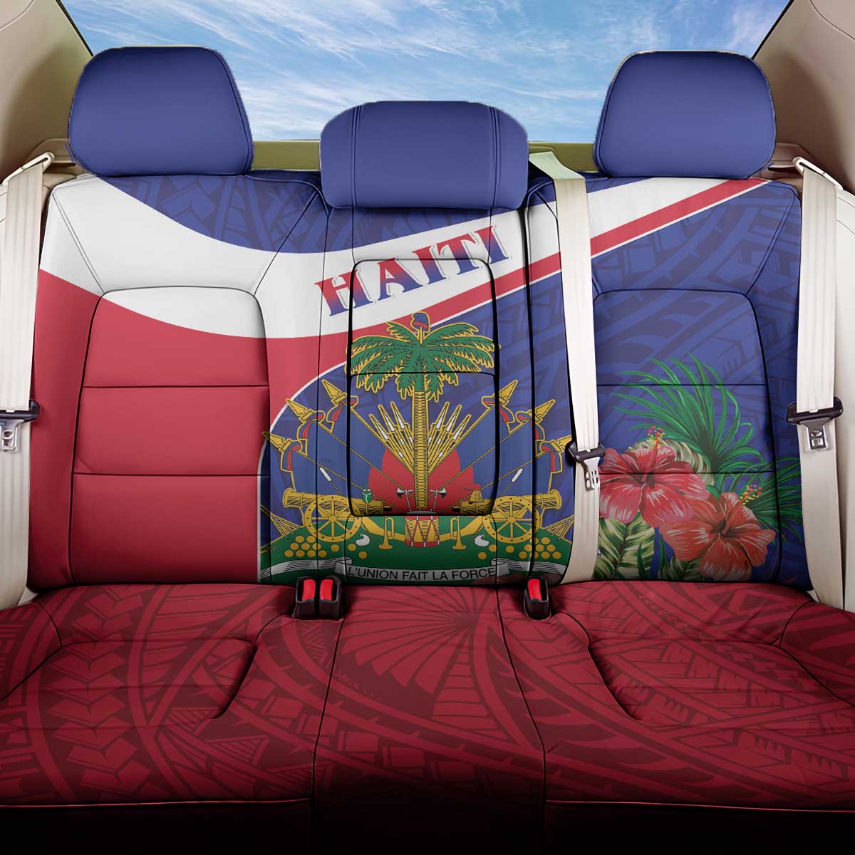 Haiti Neg Marron Back Car Seat Cover Ayiti Map - Hibiscus Polynesian Pattern - African Pride