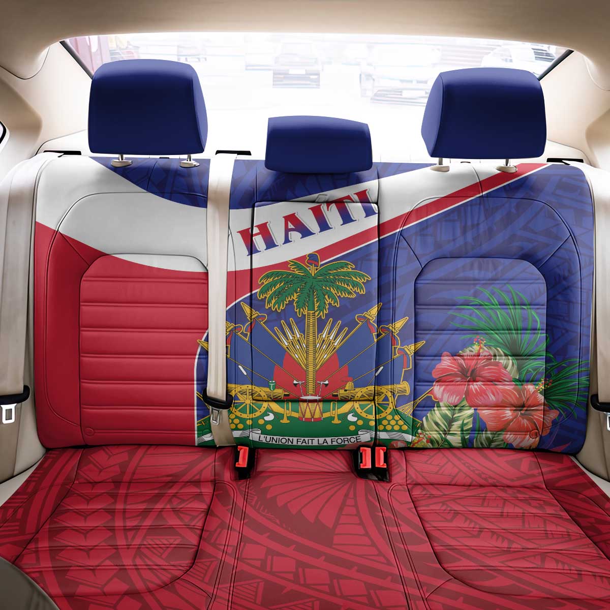 Haiti Neg Marron Back Car Seat Cover Ayiti Map - Hibiscus Polynesian Pattern - African Pride