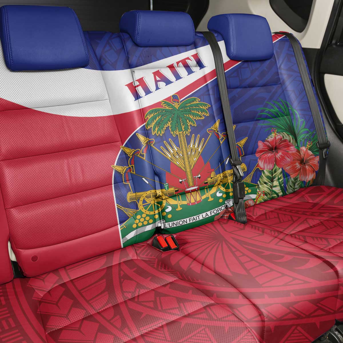 Haiti Neg Marron Back Car Seat Cover Ayiti Map - Hibiscus Polynesian Pattern - African Pride
