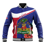 Haiti Neg Marron Baseball Jacket Ayiti Map - Hibiscus Polynesian Pattern - African Pride