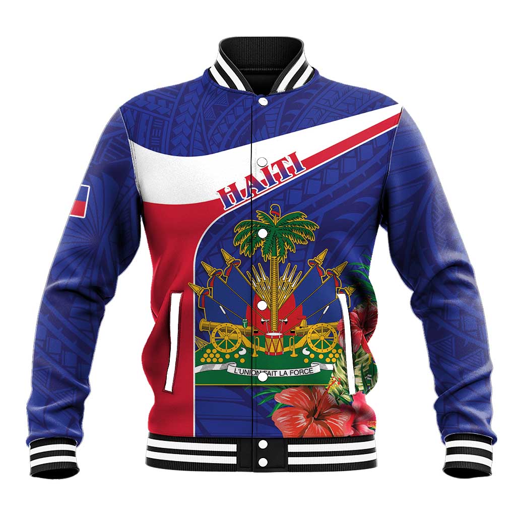 Haiti Neg Marron Baseball Jacket Ayiti Map - Hibiscus Polynesian Pattern - African Pride