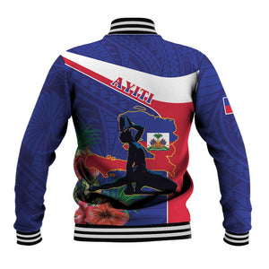 Haiti Neg Marron Baseball Jacket Ayiti Map - Hibiscus Polynesian Pattern - African Pride