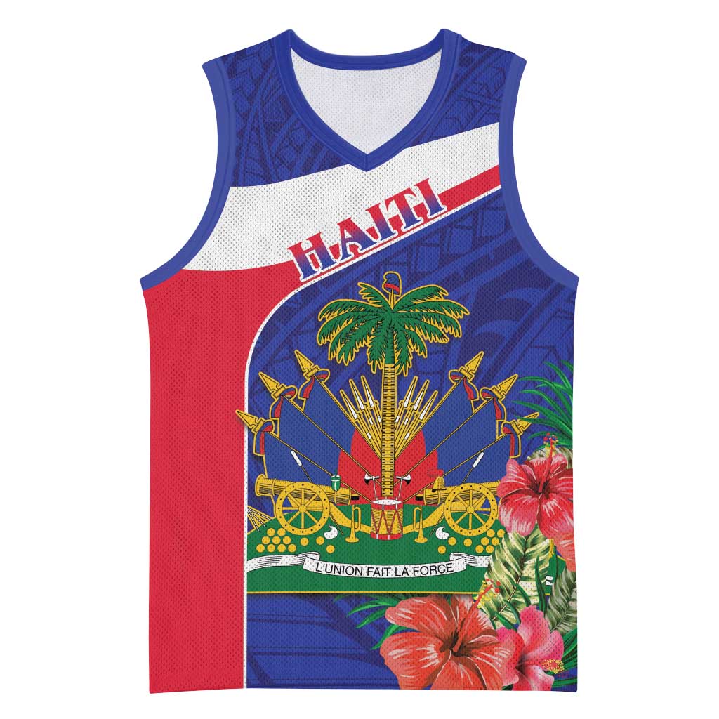 Haiti Neg Marron Basketball Jersey Ayiti Map - Hibiscus Polynesian Pattern - African Pride