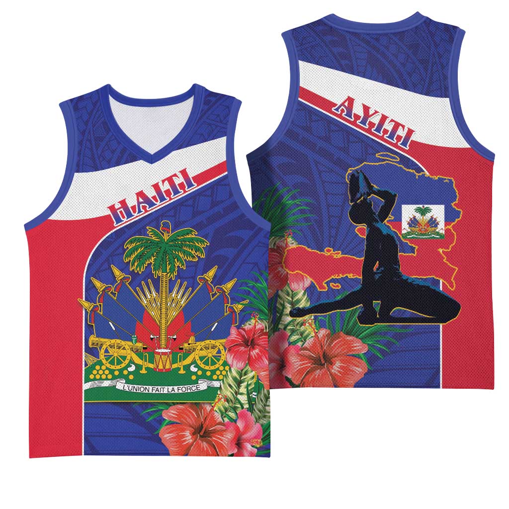 Haiti Neg Marron Basketball Jersey Ayiti Map - Hibiscus Polynesian Pattern - African Pride