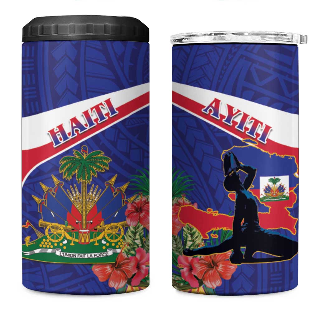 Haiti Neg Marron 4 in 1 Can Cooler Tumbler Ayiti Map - Hibiscus Polynesian Pattern - African Pride